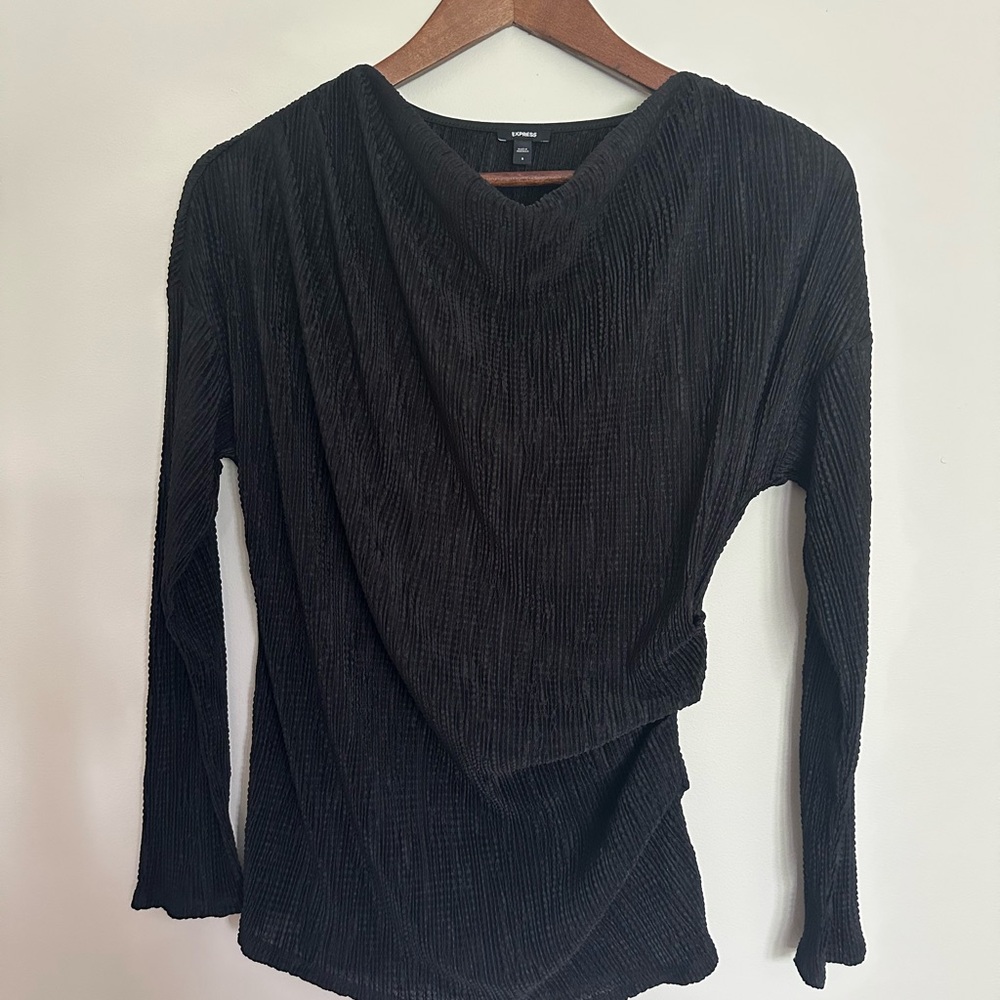 Express Black Ribbed Ruched Asymmetrical Blouse